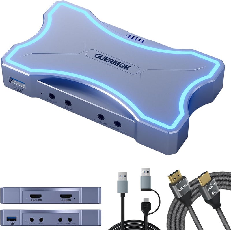 Guermok 4K HDMI Capture Card with Touch LED, Dual HDMI in/Loop-Out, USB 3.0, 4K@60Hz/ 2K@144Hz Video Capture, Mic/Line in, 4K60 Passthrough, Efficient Cooling, Streaming and Gaming for Switch2/1 - Image 1